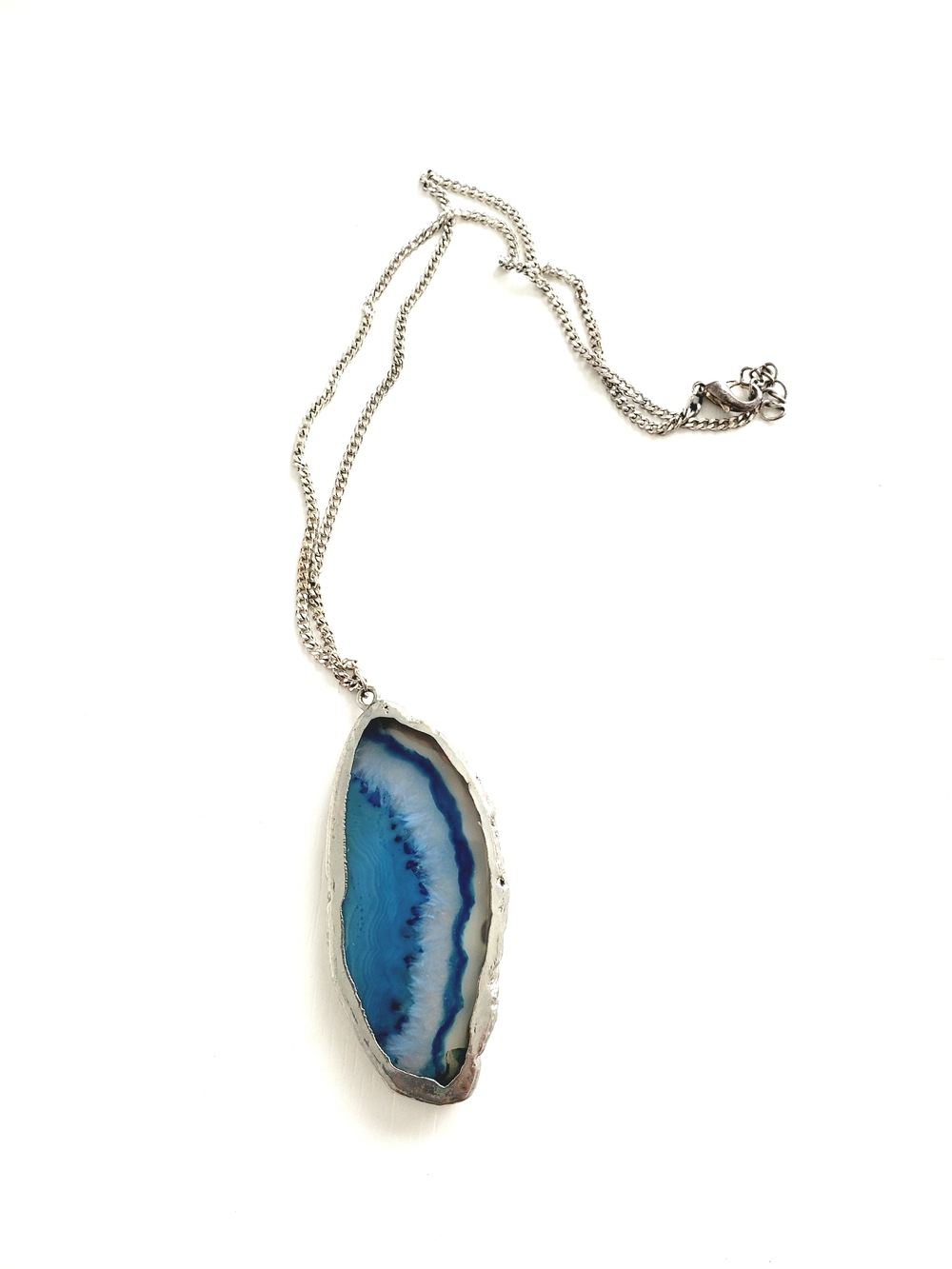 Blue Agate Slice Pendant Necklace - Silver Chain